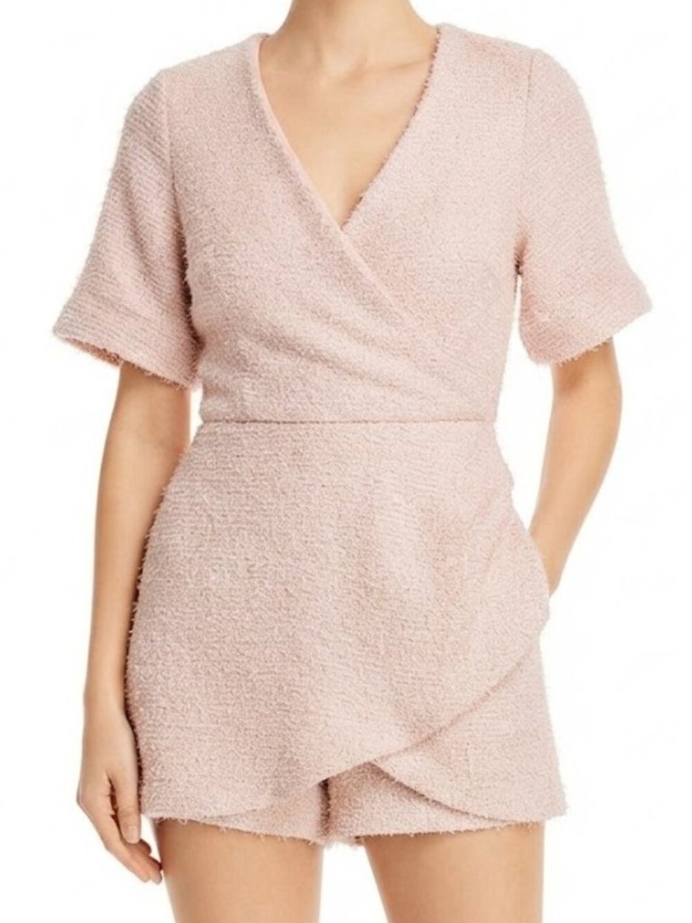 Smash + Tess x Hilary Duff Pink Bouclé Wrap Short Sleeve Romper